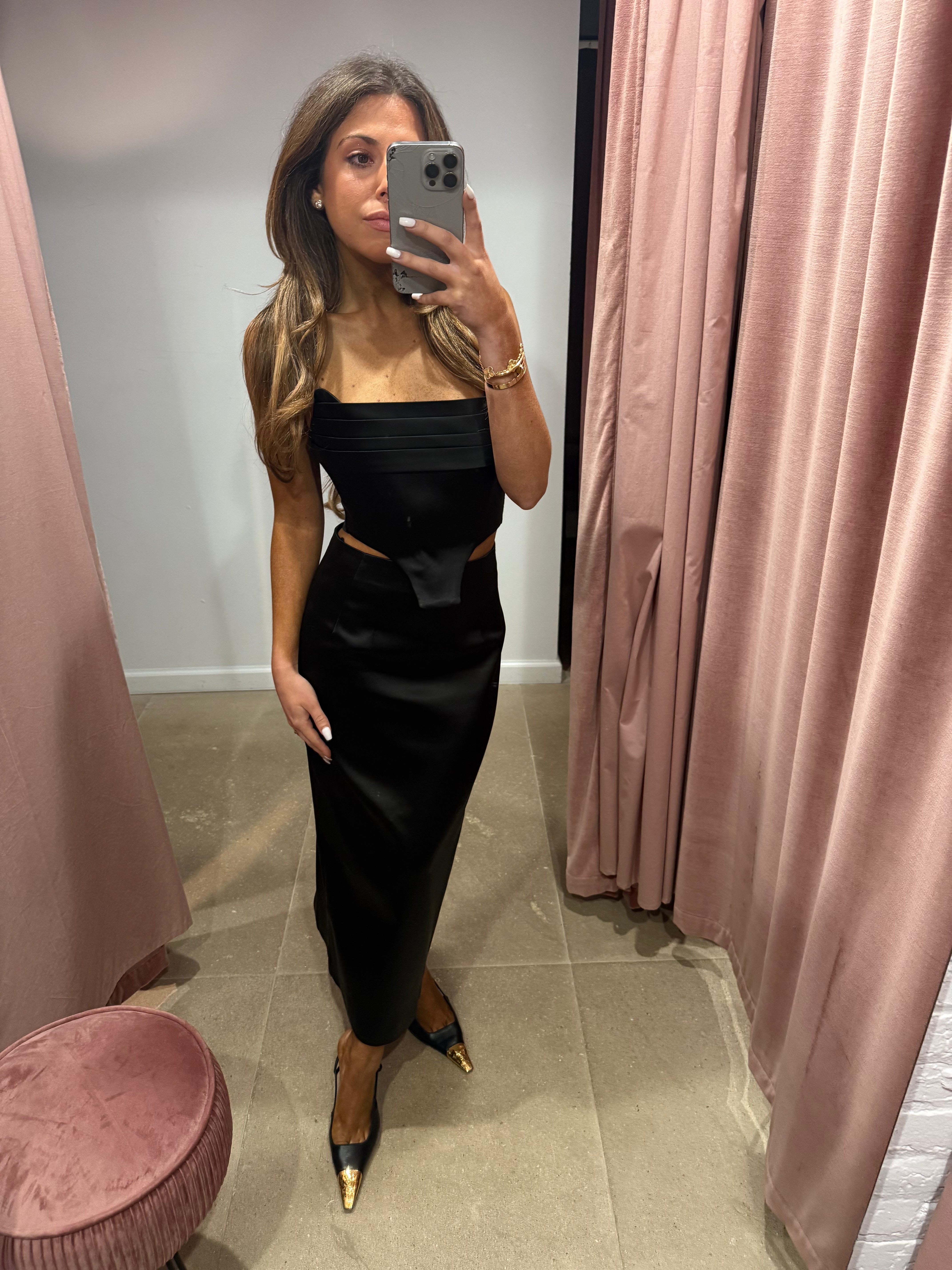 Cecilia Draped Corset in Satin | Black