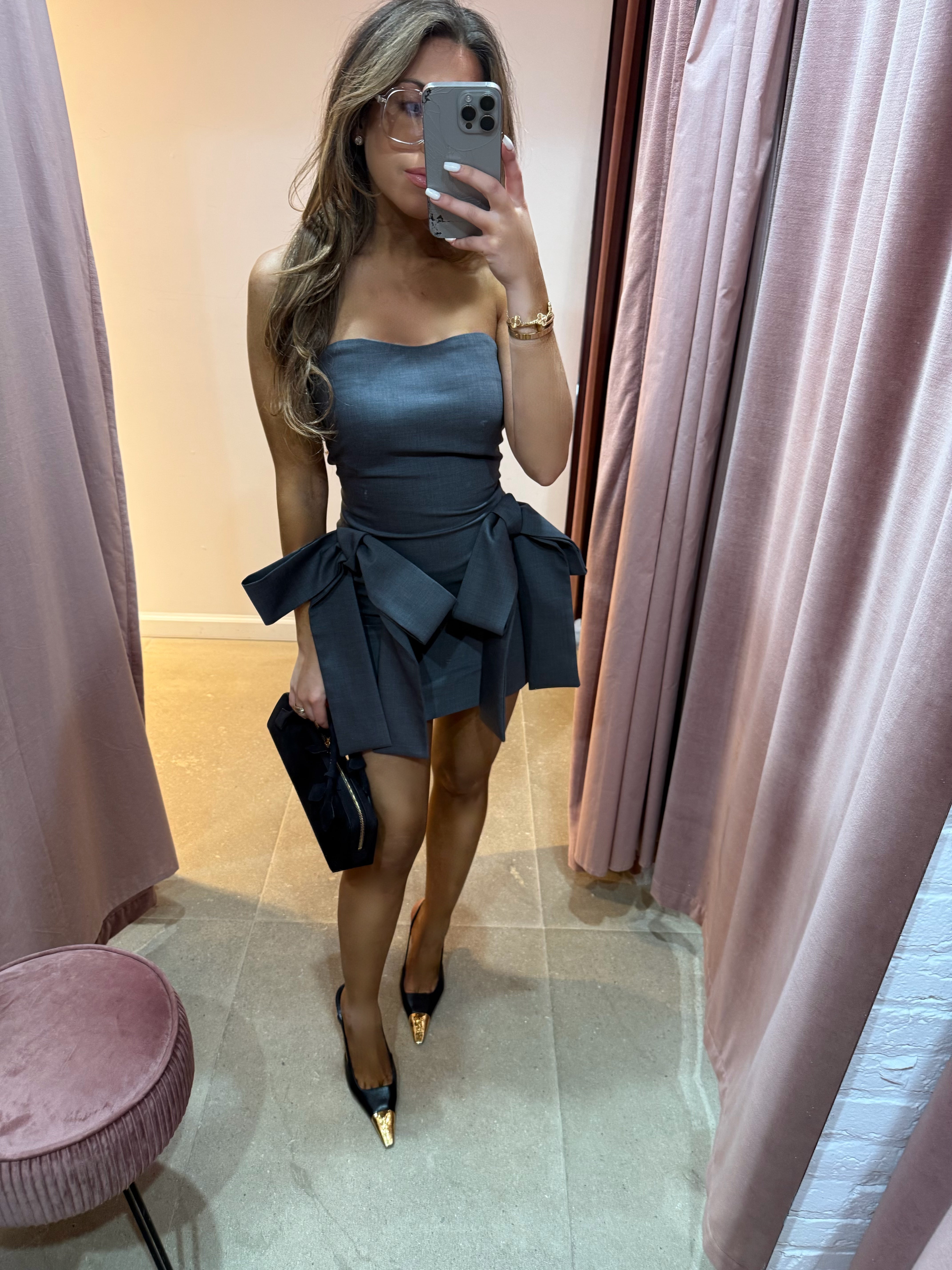 The Double Bow Strapless Mini Dress | Grey