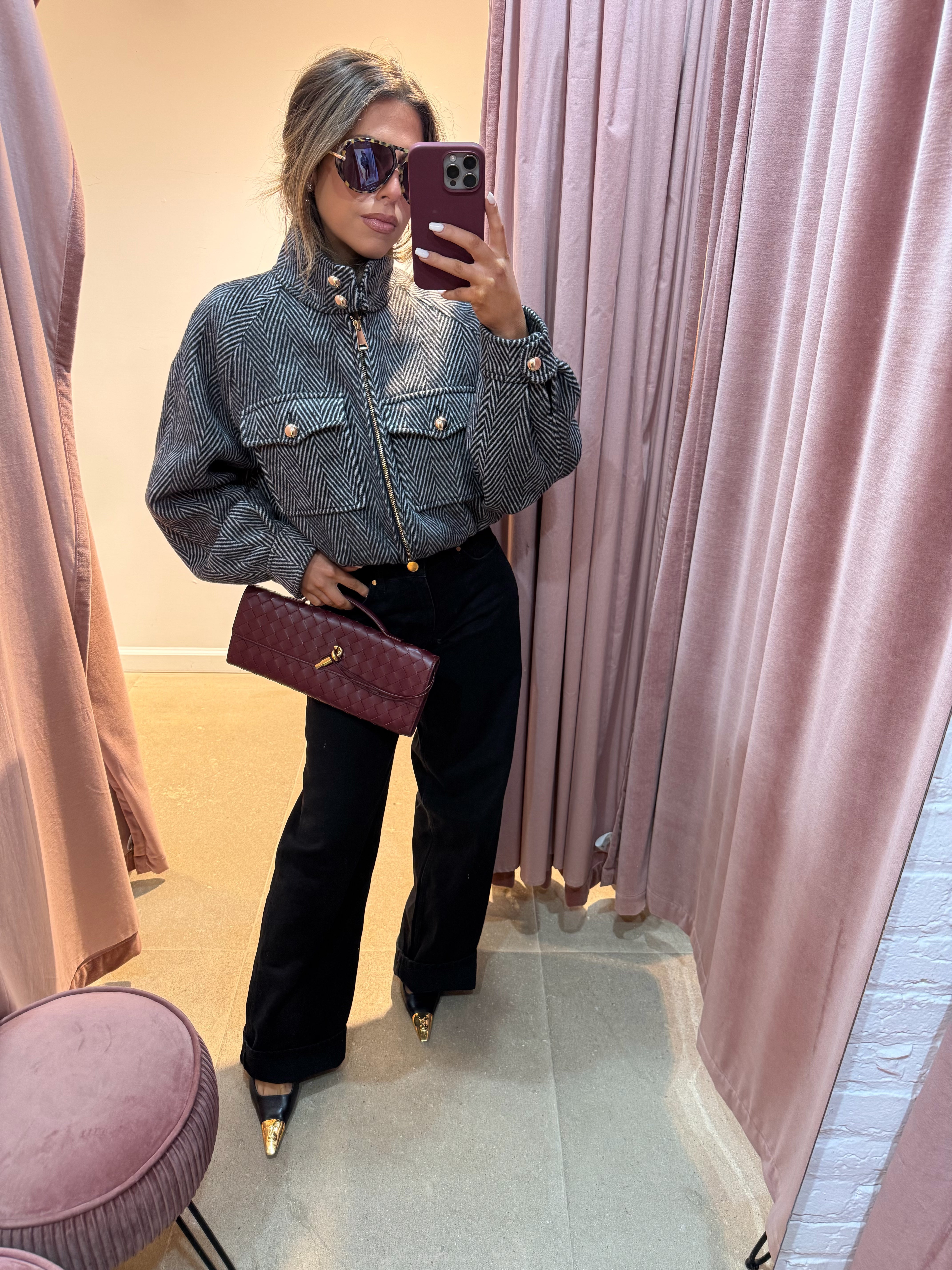 Cecilia Herringbone Tweed Bomber | Black