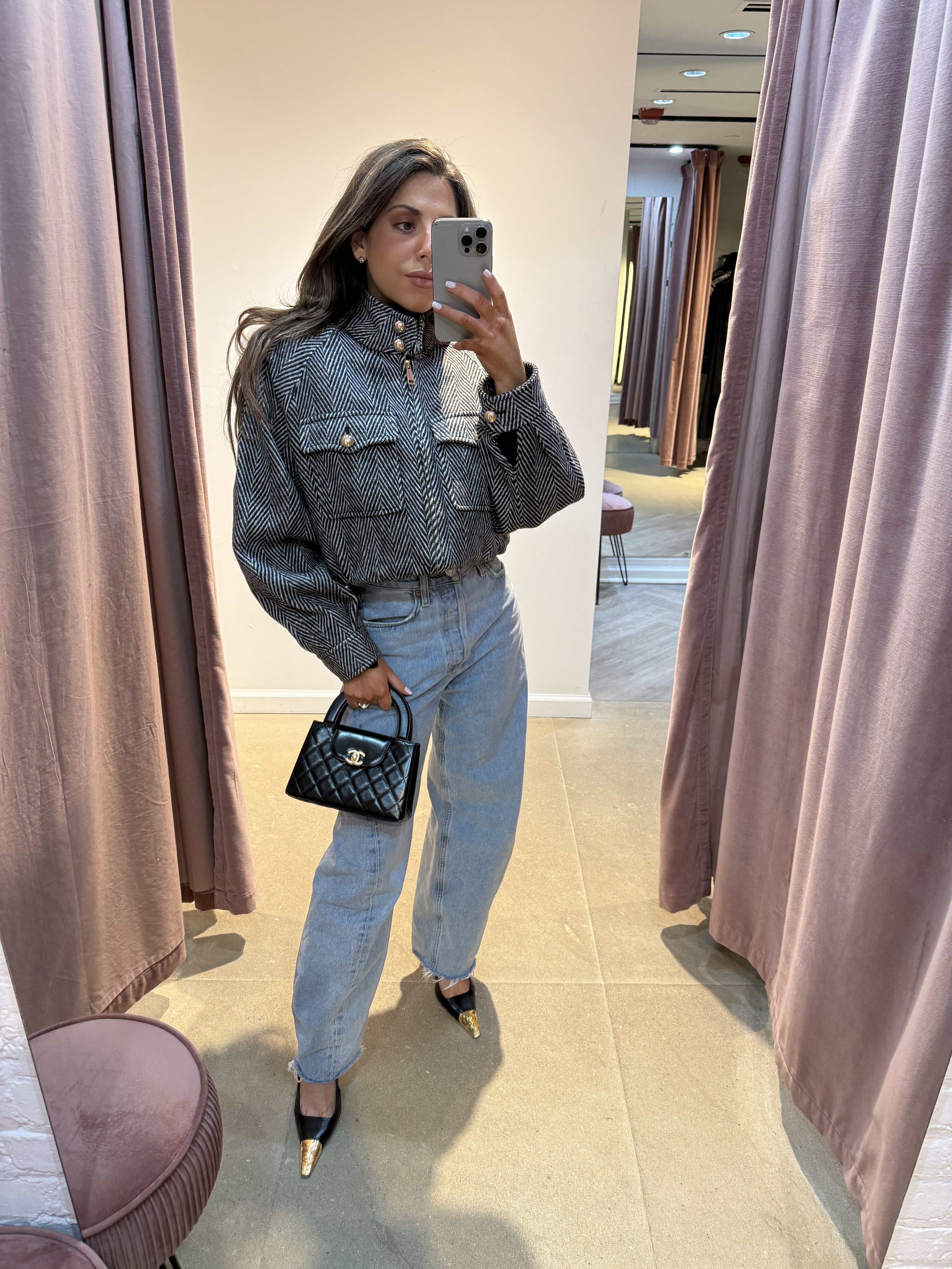 Cecilia Herringbone Tweed Bomber | Black