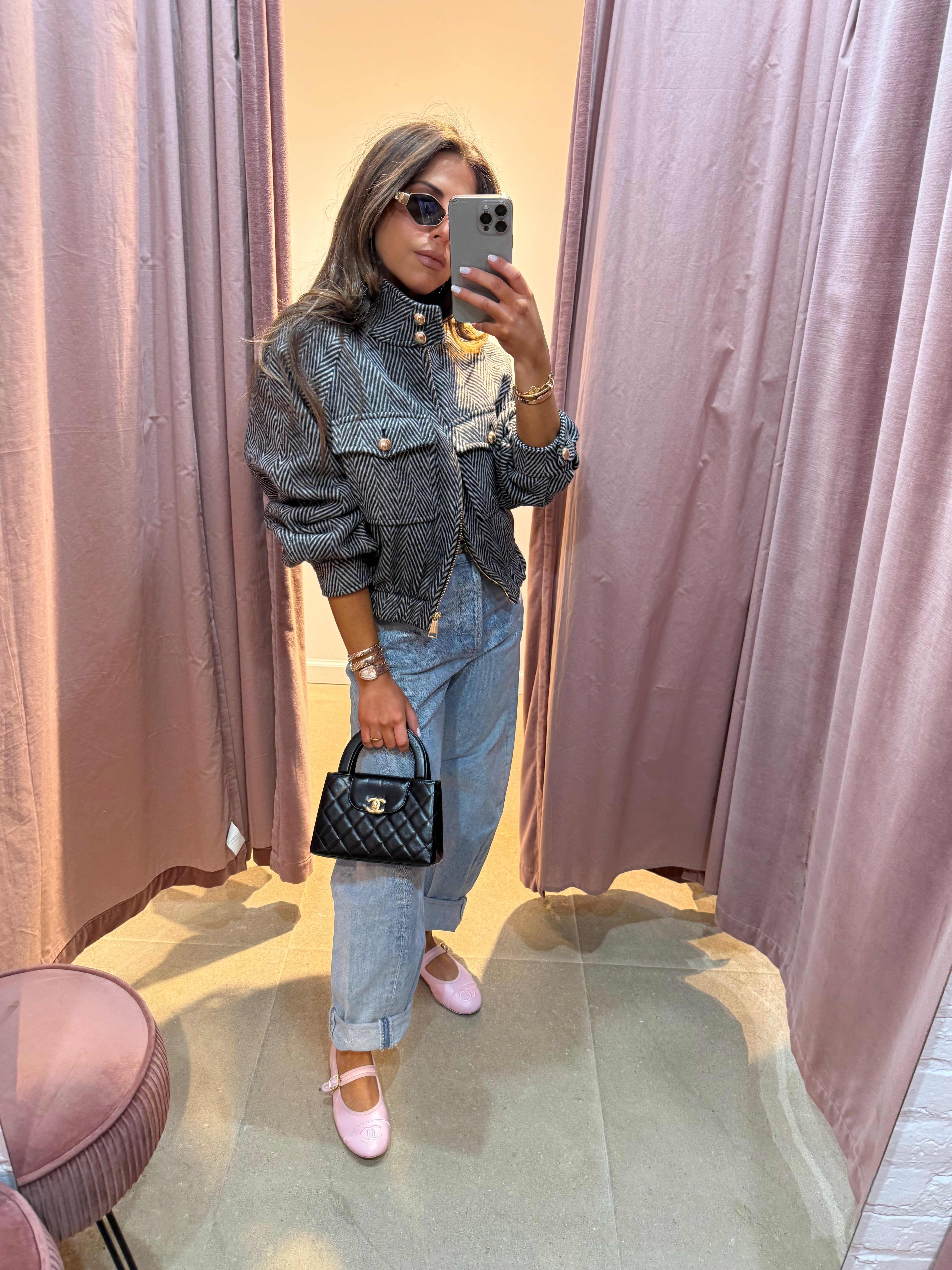 Cecilia Herringbone Tweed Bomber | Black